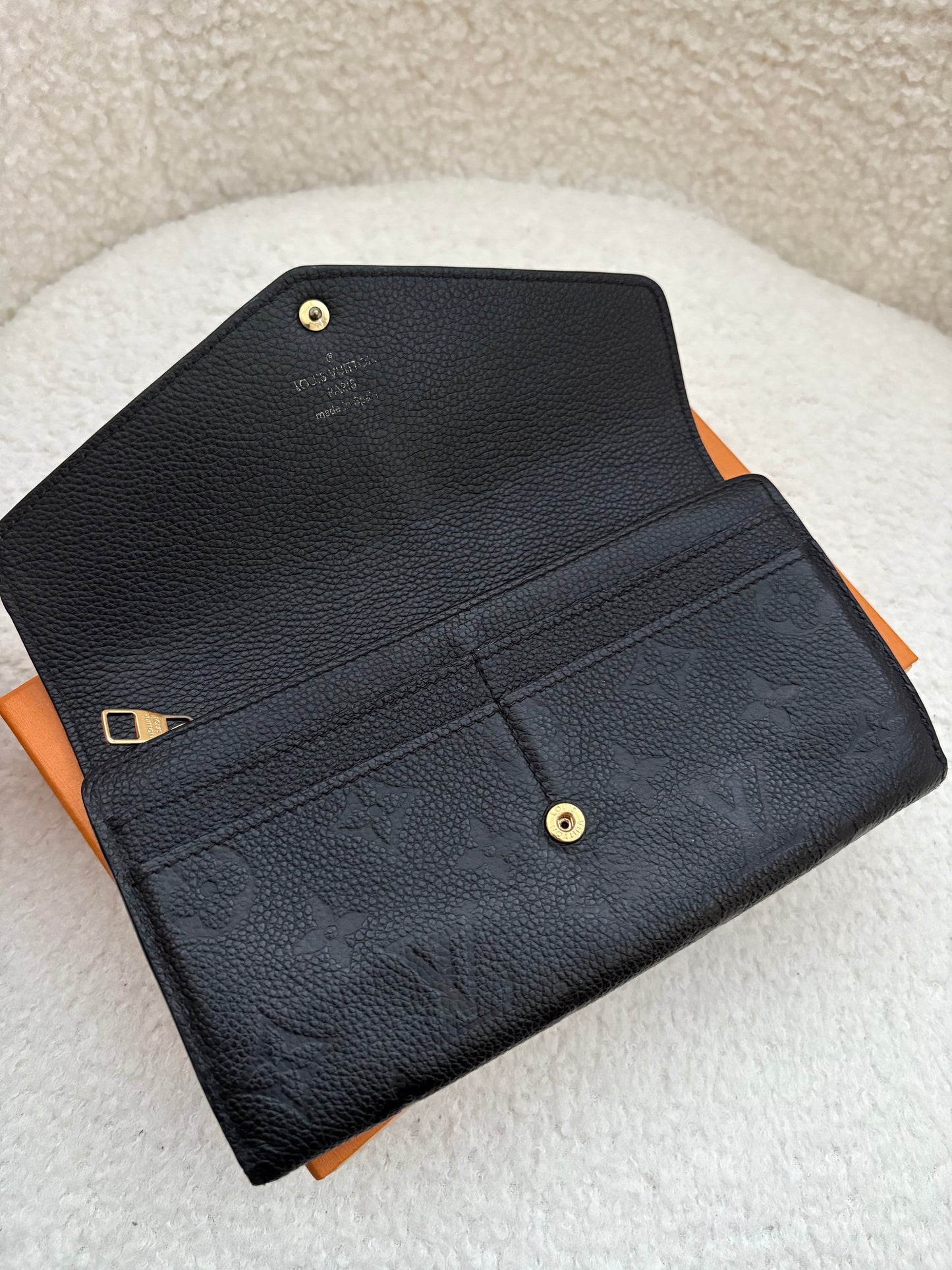 LOUIS VUITTON LV Sarah Black Monogram Empreinte Wallet Gold Hardware