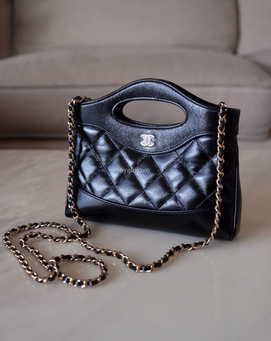 CHANEL Black Calfskin Mini 31 Shopping Bag Light Gold Hardware