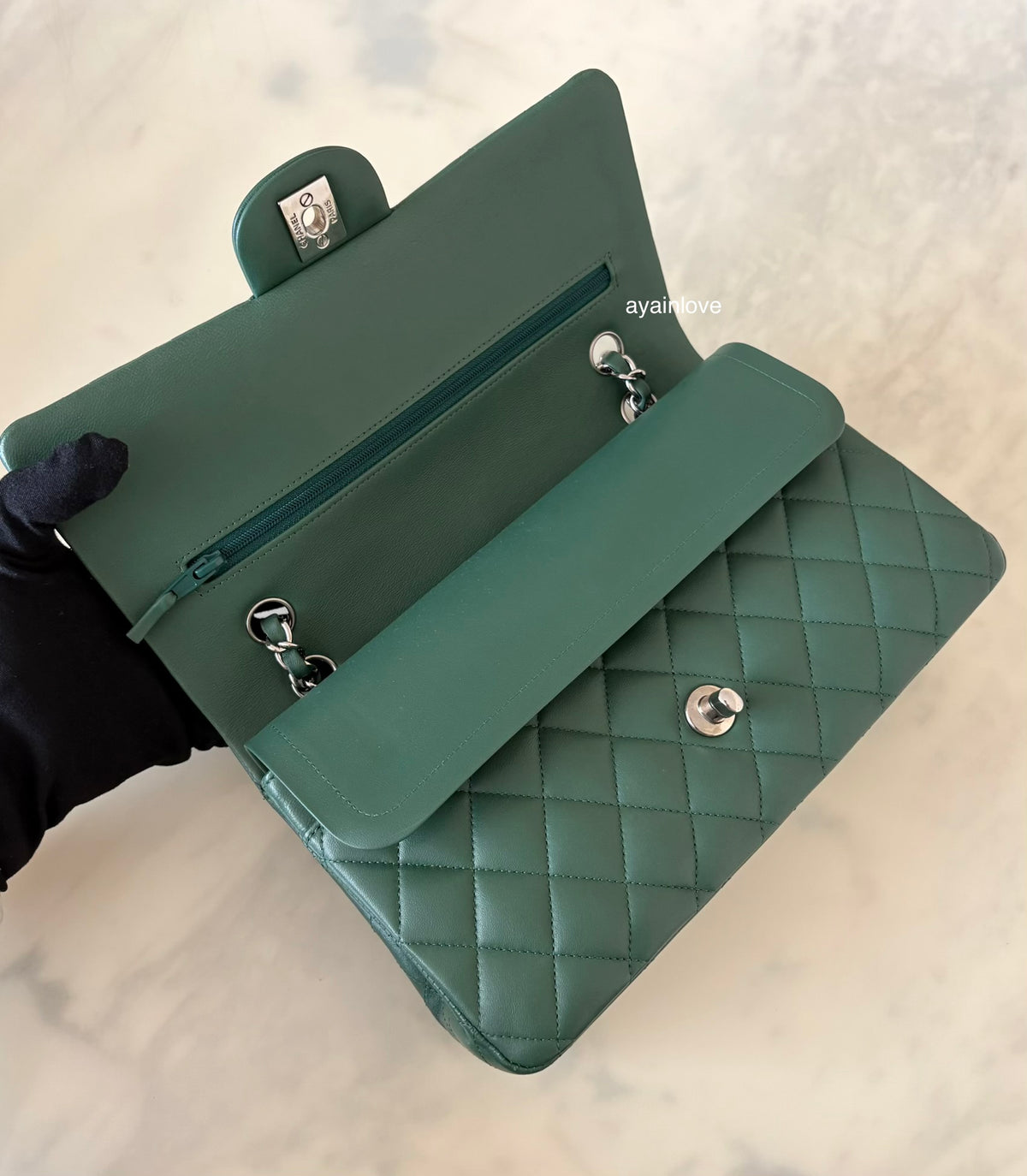 CHANEL Dark Green Lambskin Medium/Large Classic Flap Silver Hardware