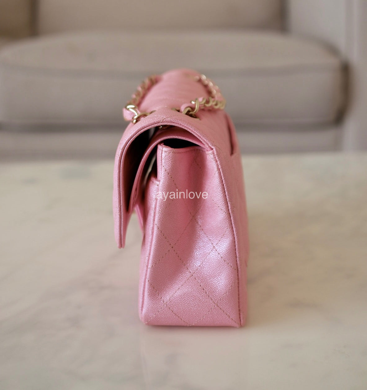 CHANEL 19S Iridescent Pink Caviar Small Classic Flap Light Gold Hardware