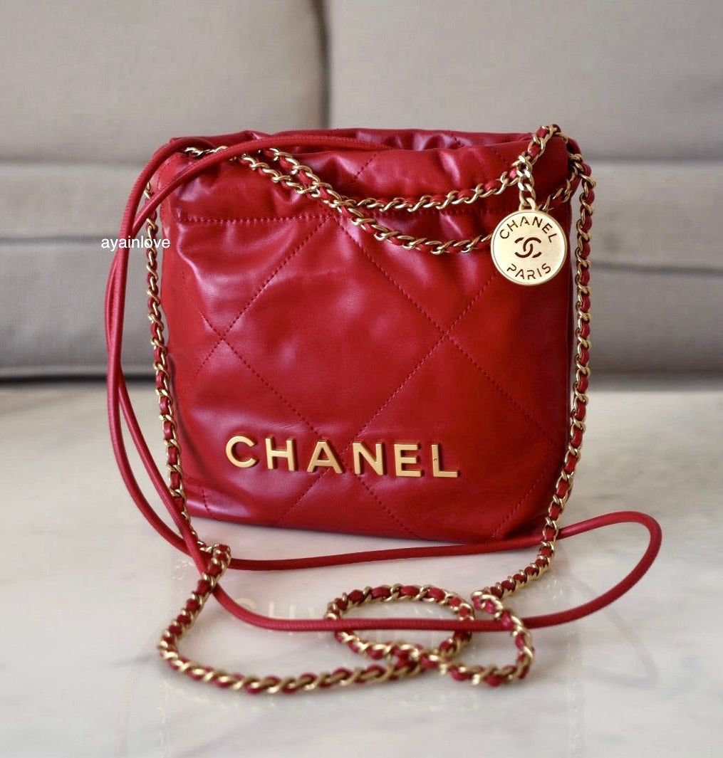 CHANEL Mini 22 Red Shiny Calf Skin Bag Gold Hardware