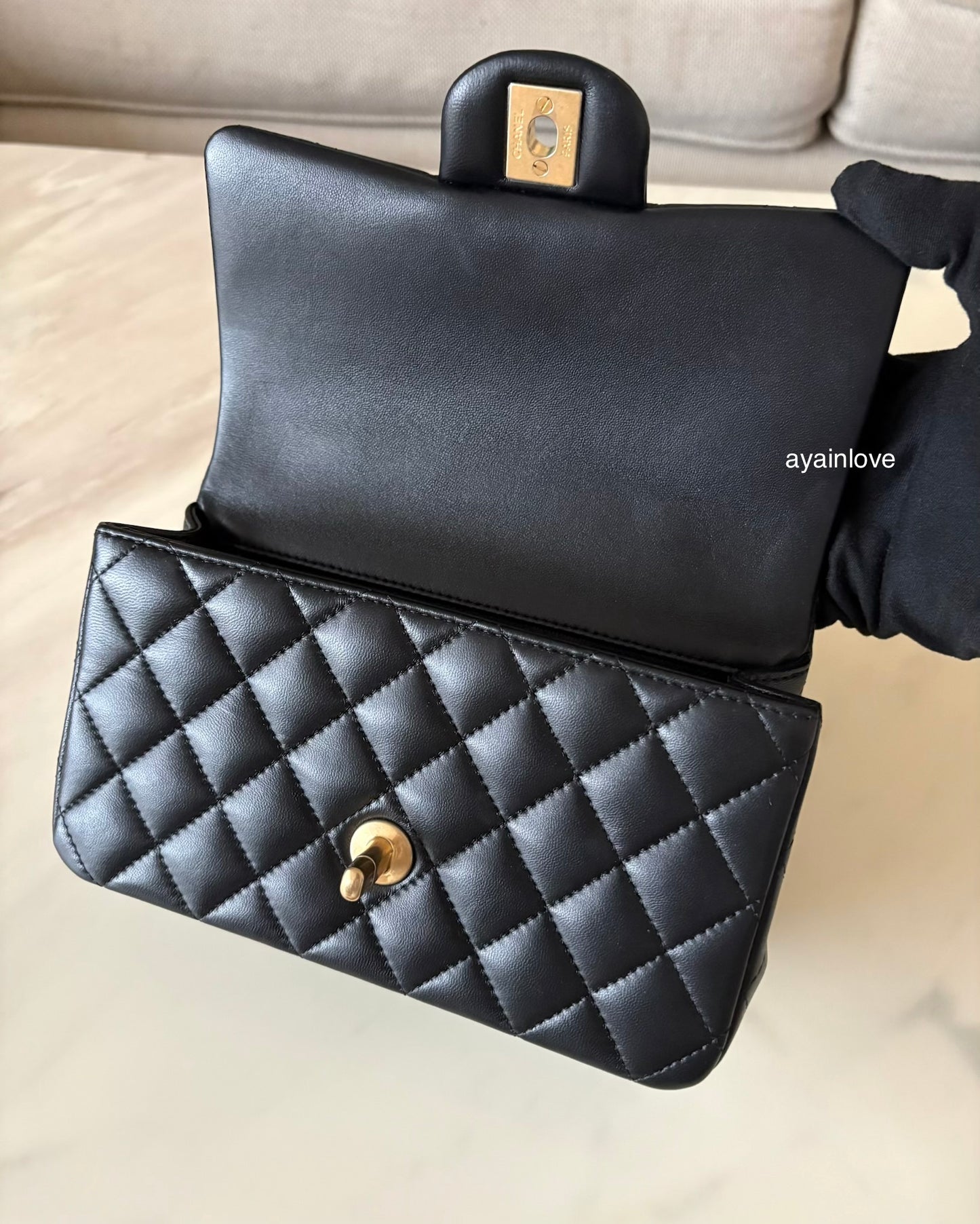 CHANEL Black Lambskin Top Handle Rectangular Mini Gold Hardware