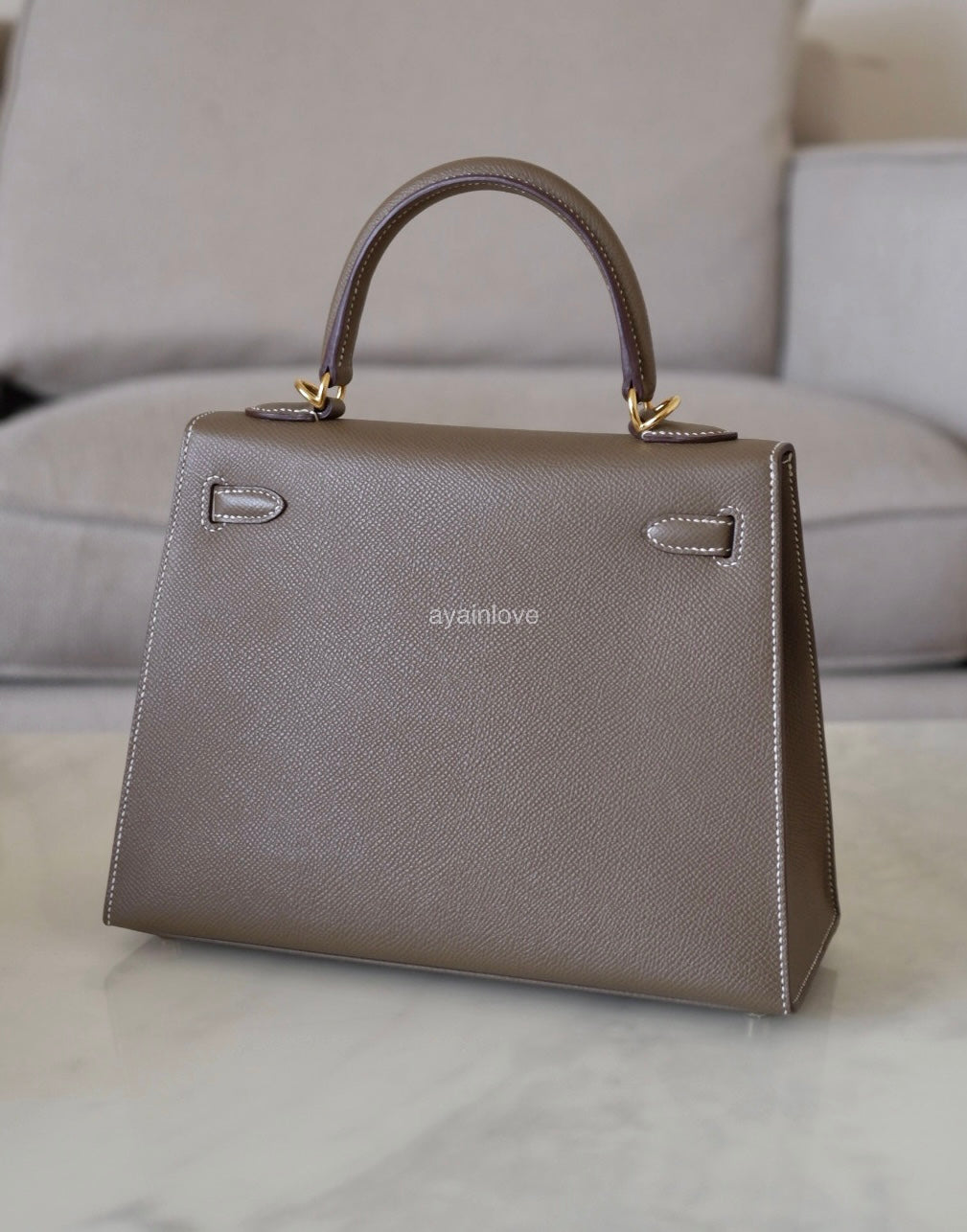 HERMES Kelly 25 Etoupe Epsom Bag Gold Hardware W Stamp