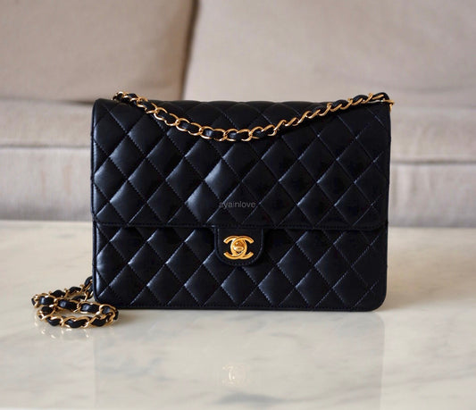 CHANEL Black Lambskin Turnlock Quilted Medium Half Flap Bag Gold Hardware