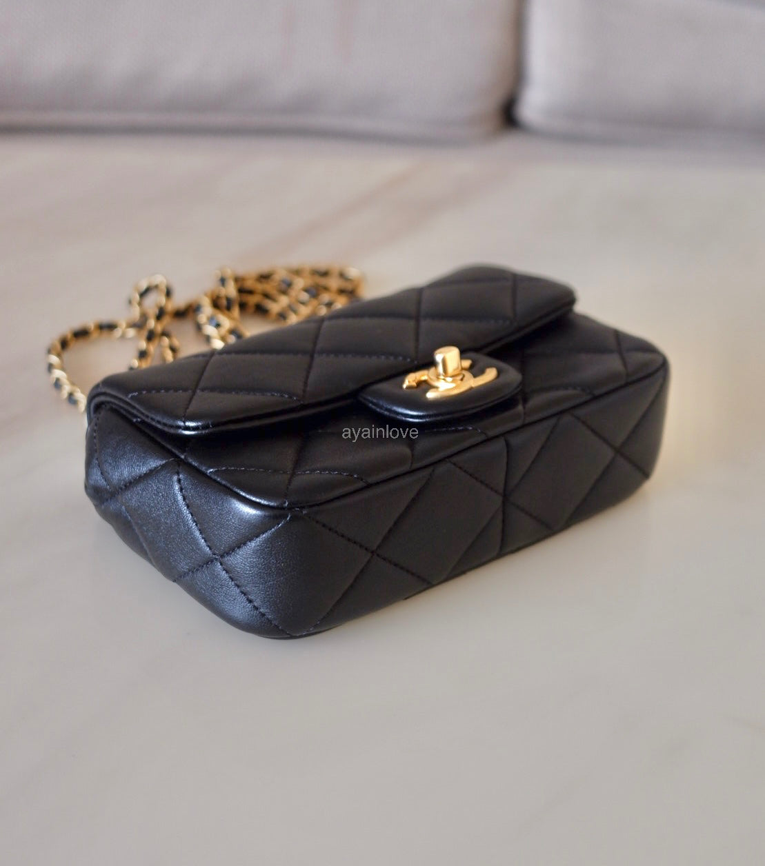 CHANEL 24S Black Lambskin Twin Pearls Quilted Mini Flap Bag Adjustable Gold Hardware