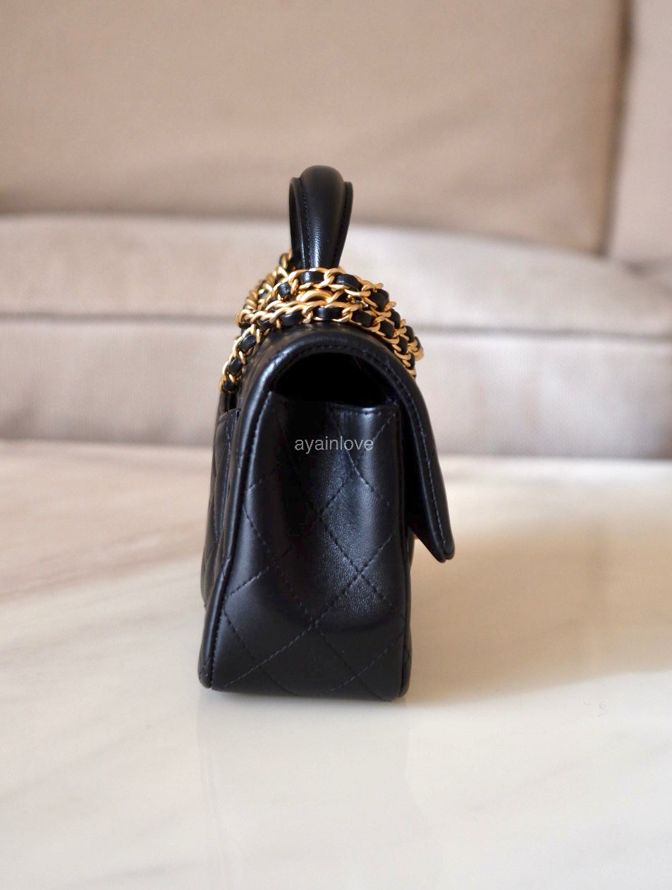 CHANEL Black Lambskin Top Handle Rectangular Mini Gold Hardware