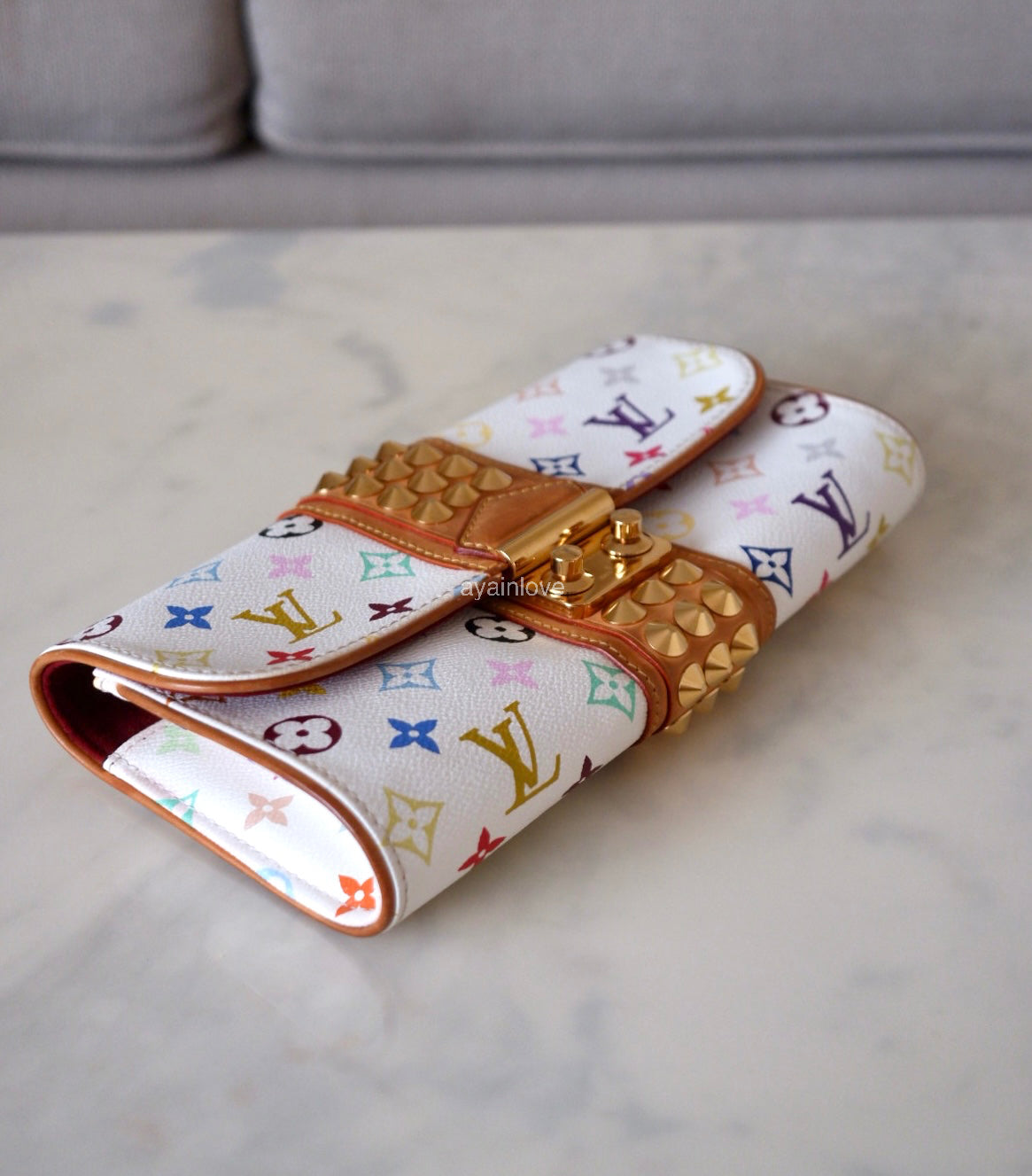 LOUIS VUITTON Courtney White Multicolour Murakami Clutch Bag Gold Hardware
