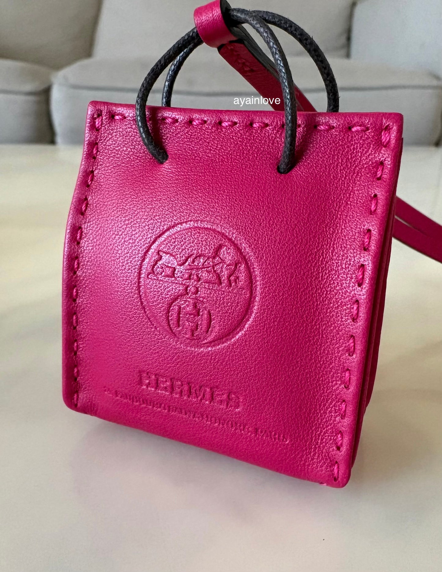 HERMES Pink Rose Mexico Leather Shopping Sac Bag Charm