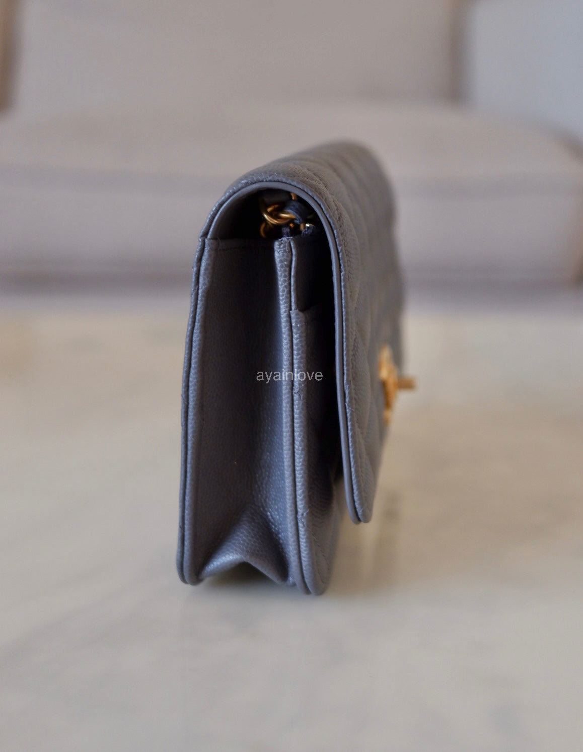 CHANEL 23K Dark Grey Caviar Camellia CC Wallet On Chain *Microchipped* Brushed Gold Hardware