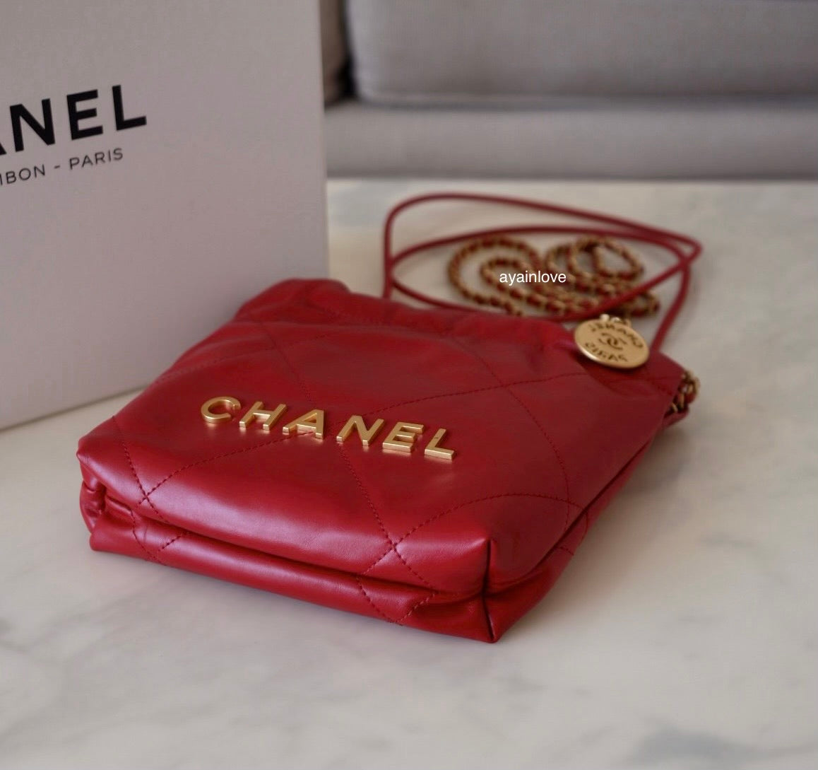CHANEL Mini 22 Red Shiny Calf Skin Bag Gold Hardware