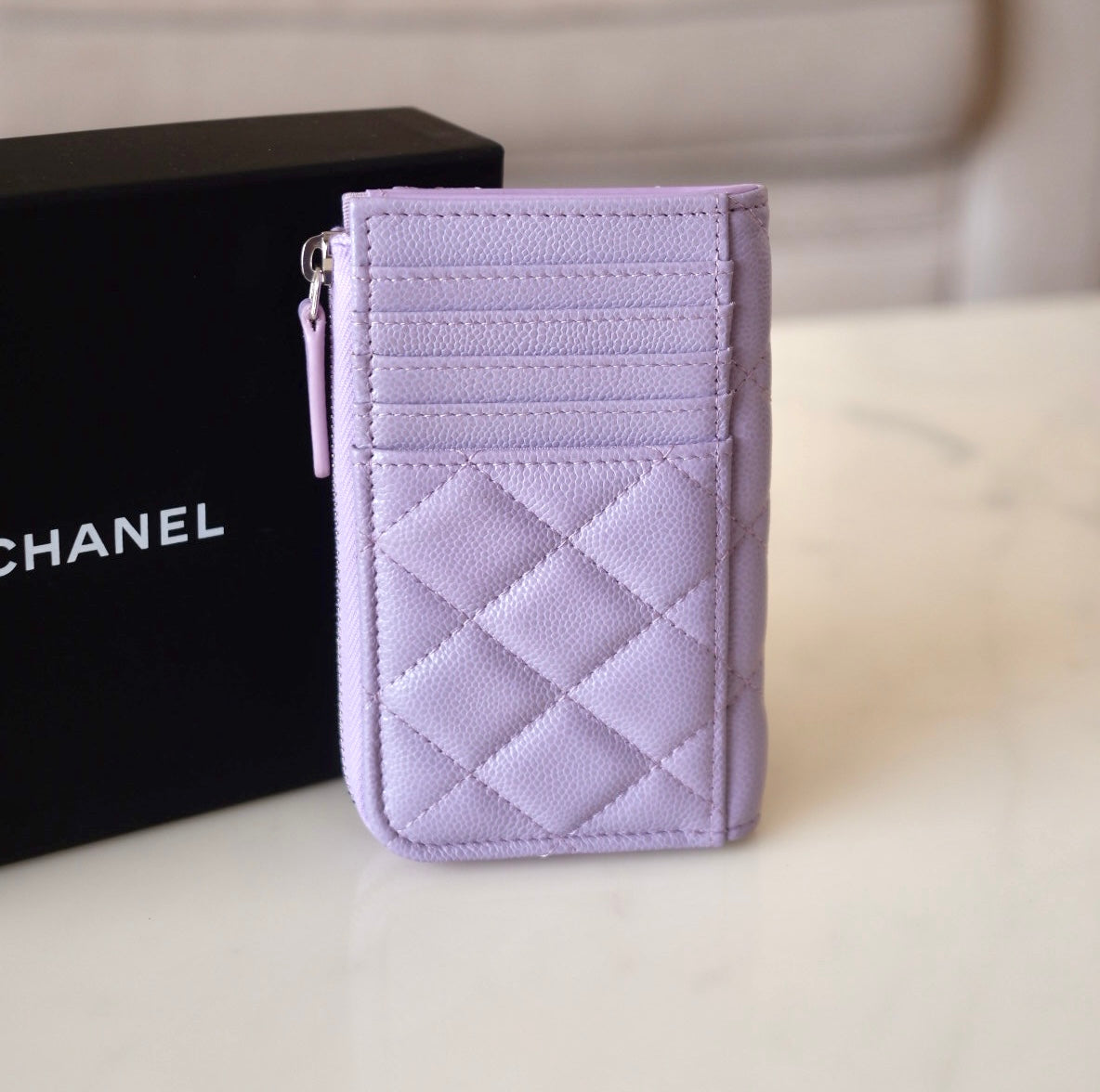 CHANEL Light Purple Caviar New Style XL Zippy Card Holder Wallet Silver Hardware