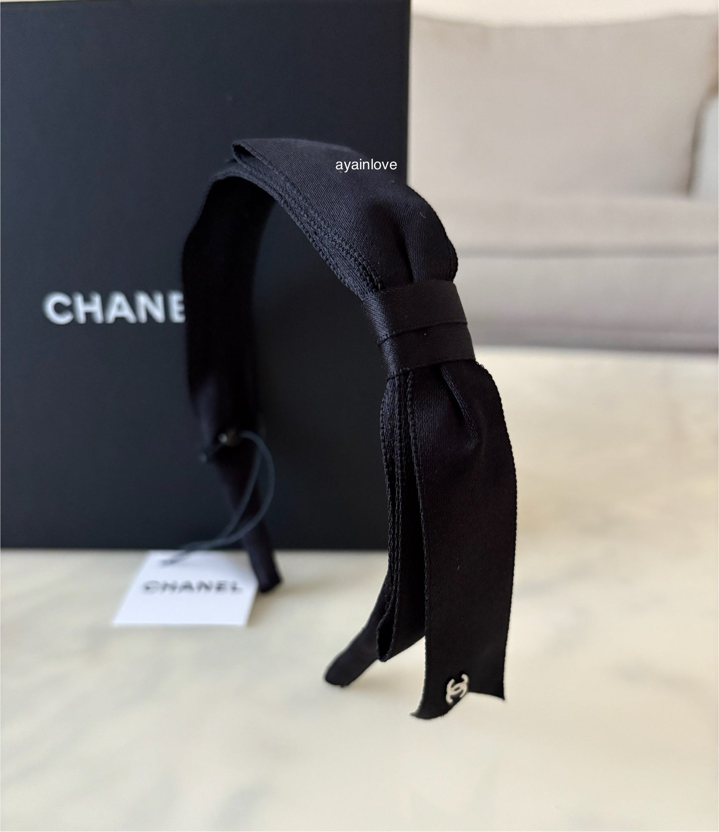 CHANEL 21B Black Silk Ribbon CC Headband Bandeau