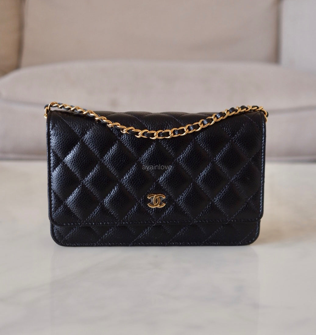 CHANEL Black Caviar Microchipped Classic Wallet On Chain Gold Hardware