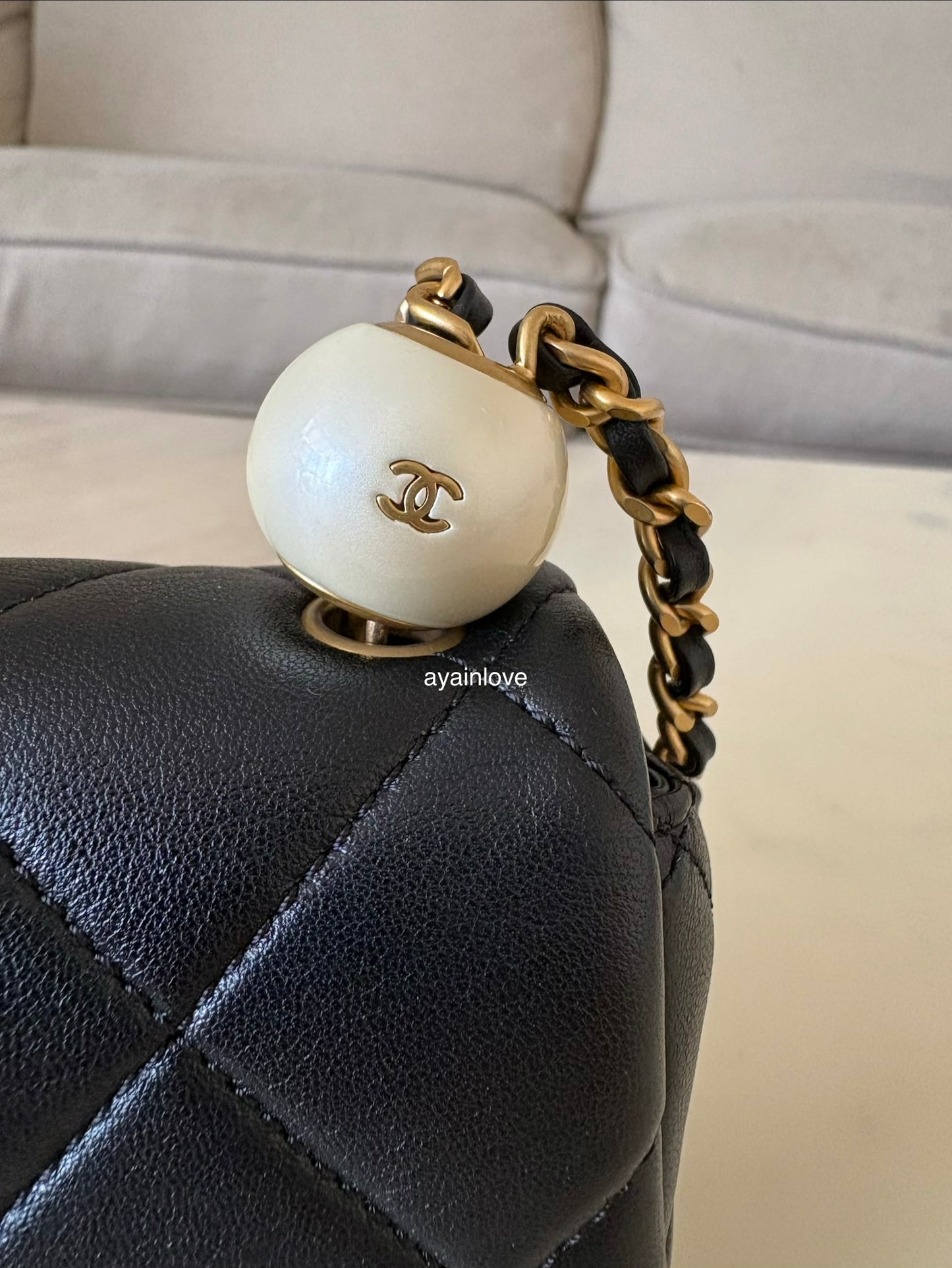 CHANEL 24S Black Lambskin Twin Pearls Quilted Mini Flap Bag Adjustable Gold Hardware