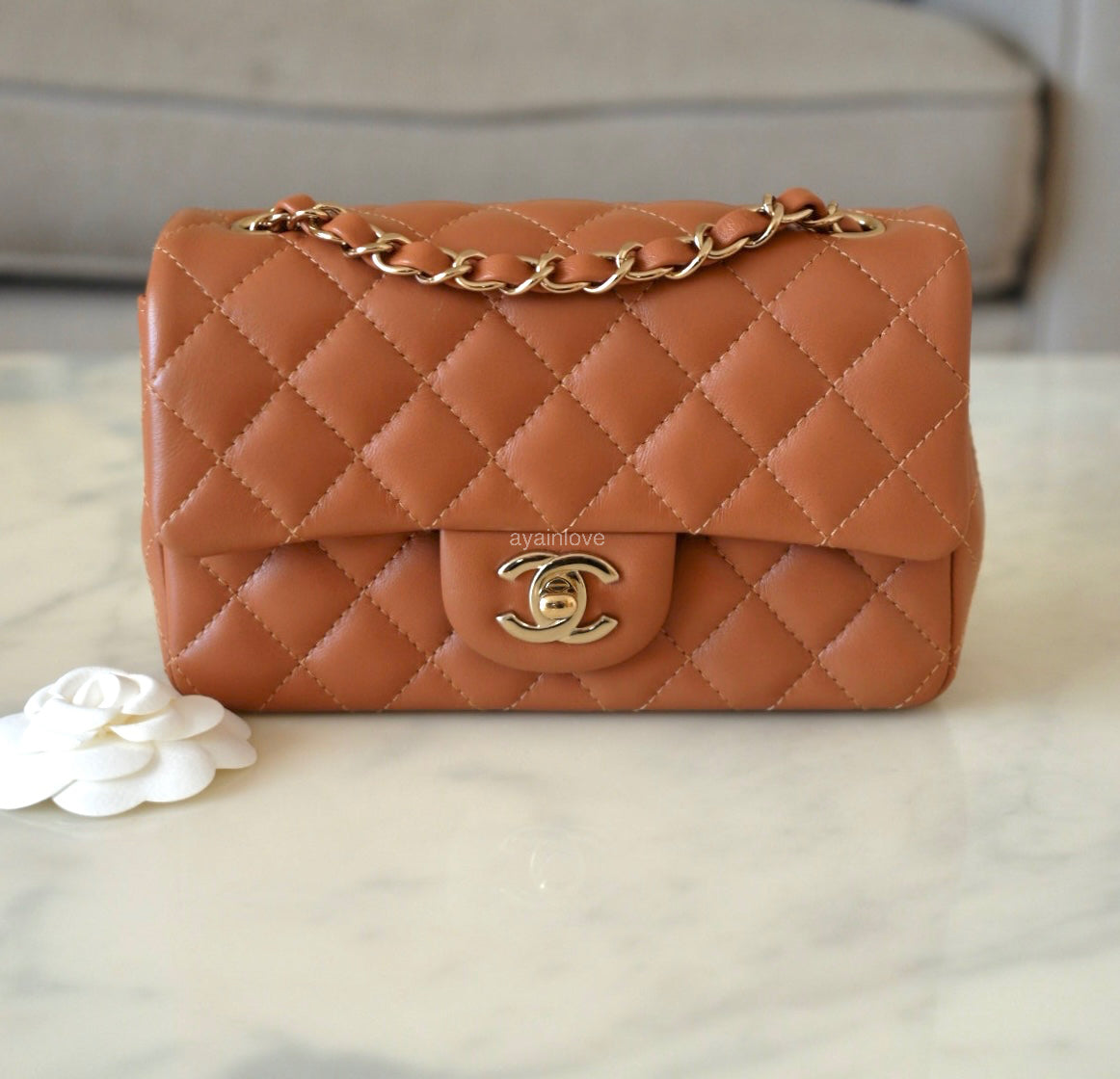 CHANEL 22S Caramel Brown Lamb Skin Rectangular Mini Light Gold Hardware