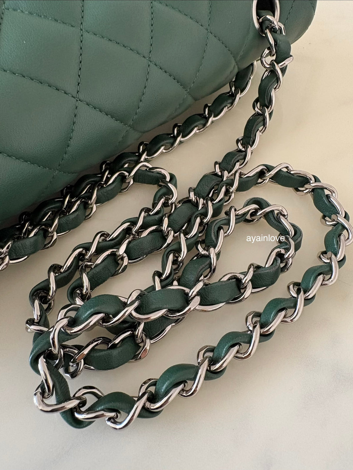 CHANEL Dark Green Lambskin Medium/Large Classic Flap Silver Hardware