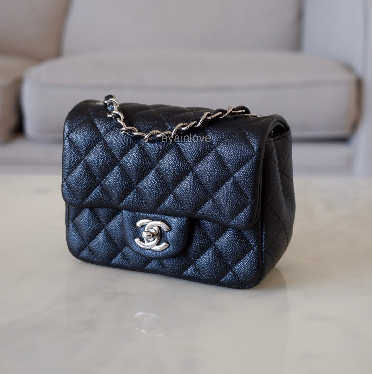 CHANEL 17B Black Caviar (Burgundy Interior) Quilted Square Mini Flap Bag Silver Hardware