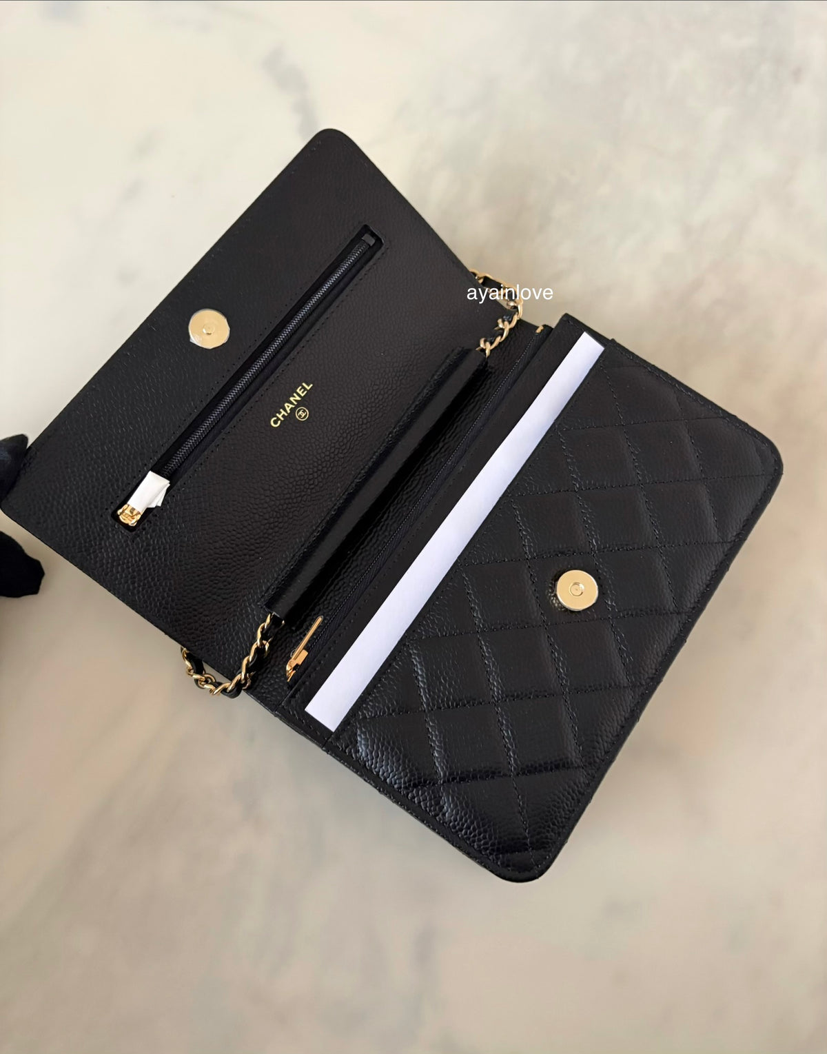 CHANEL Black Caviar Microchipped Classic Wallet On Chain Gold Hardware