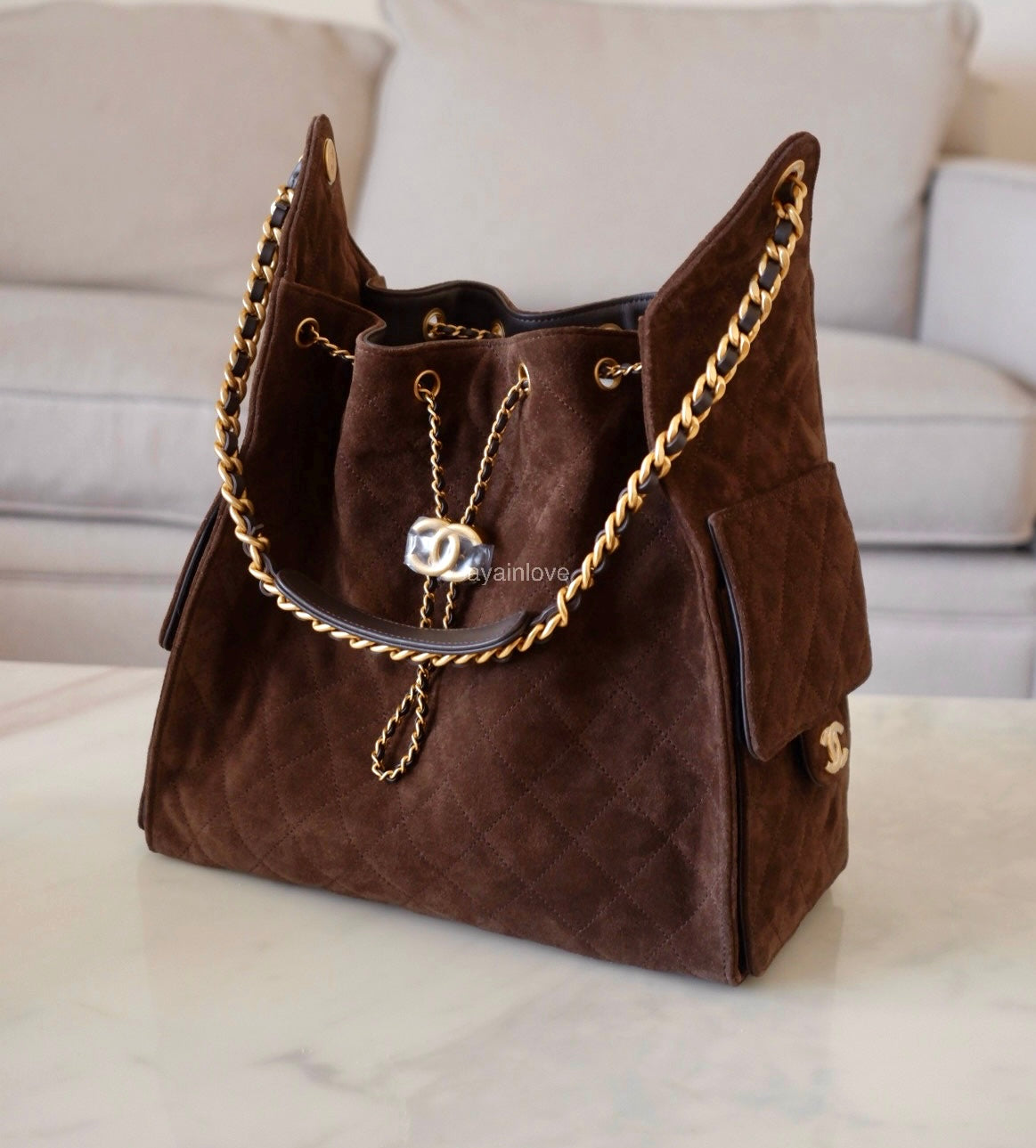 CHANEL 26C Dark Brown Suede Calfskin Medium 25 Bag Gold Hardware