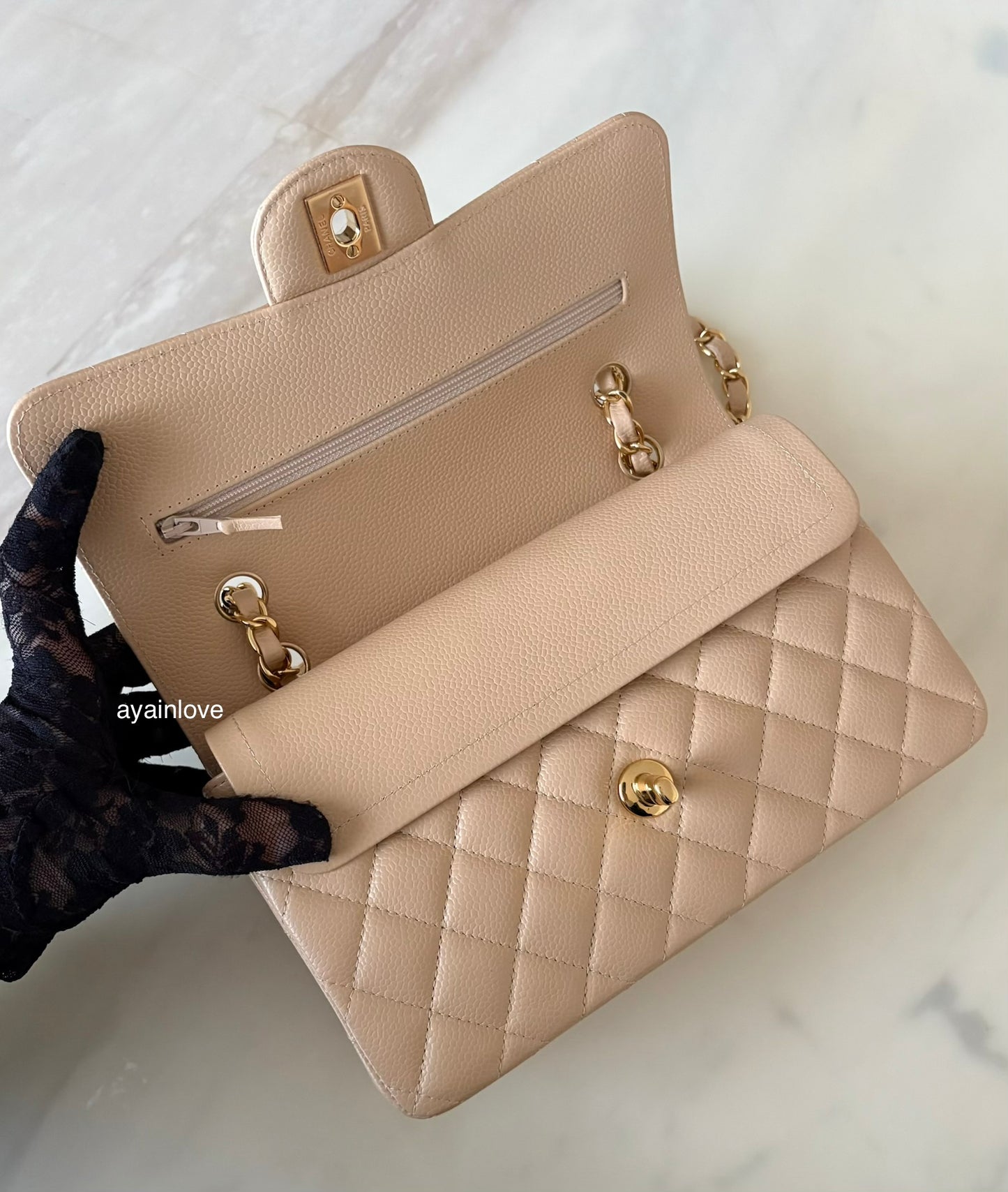 CHANEL Beige Clair Caviar Small Classic Flap Bag Gold Hardware