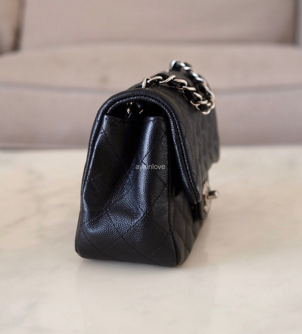 CHANEL 17B Black Caviar (Burgundy Interior) Quilted Square Mini Flap Bag Silver Hardware