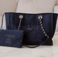 CHANEL Midnight Navy Blue Canvas Small Medium Deauville Microchipped Tote Bag Silver Hardware