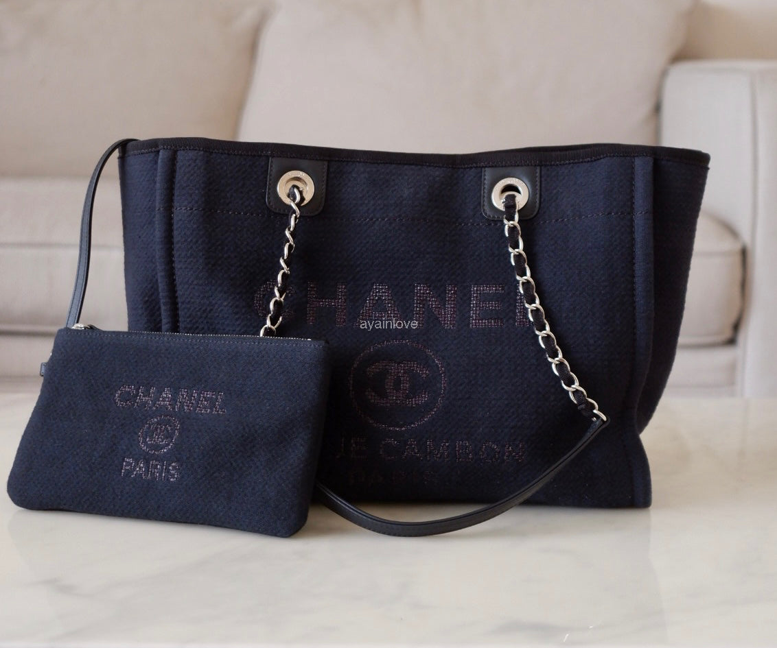 CHANEL Midnight Navy Blue Canvas Small Medium Deauville Microchipped Tote Bag Silver Hardware