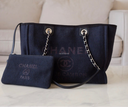 CHANEL Midnight Navy Blue Canvas Small Medium Deauville Microchipped Tote Bag Silver Hardware