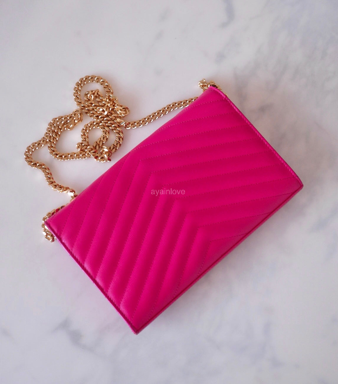 Yves Saint Laurent YSL Classic Cassandre Fuchsia Chevron Quilting Wallet on Chain Gold Hardware
