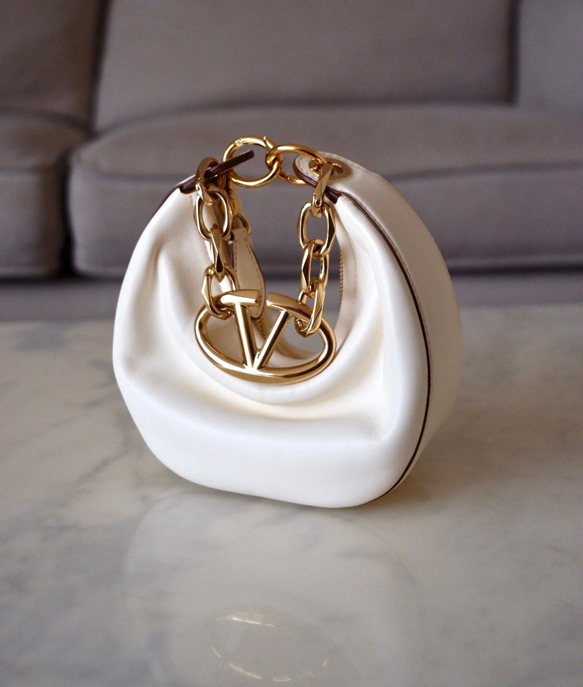 VALENTINO Vlogo Ivory Moon Zip Up Mini Hobo Bag Gold Hardware