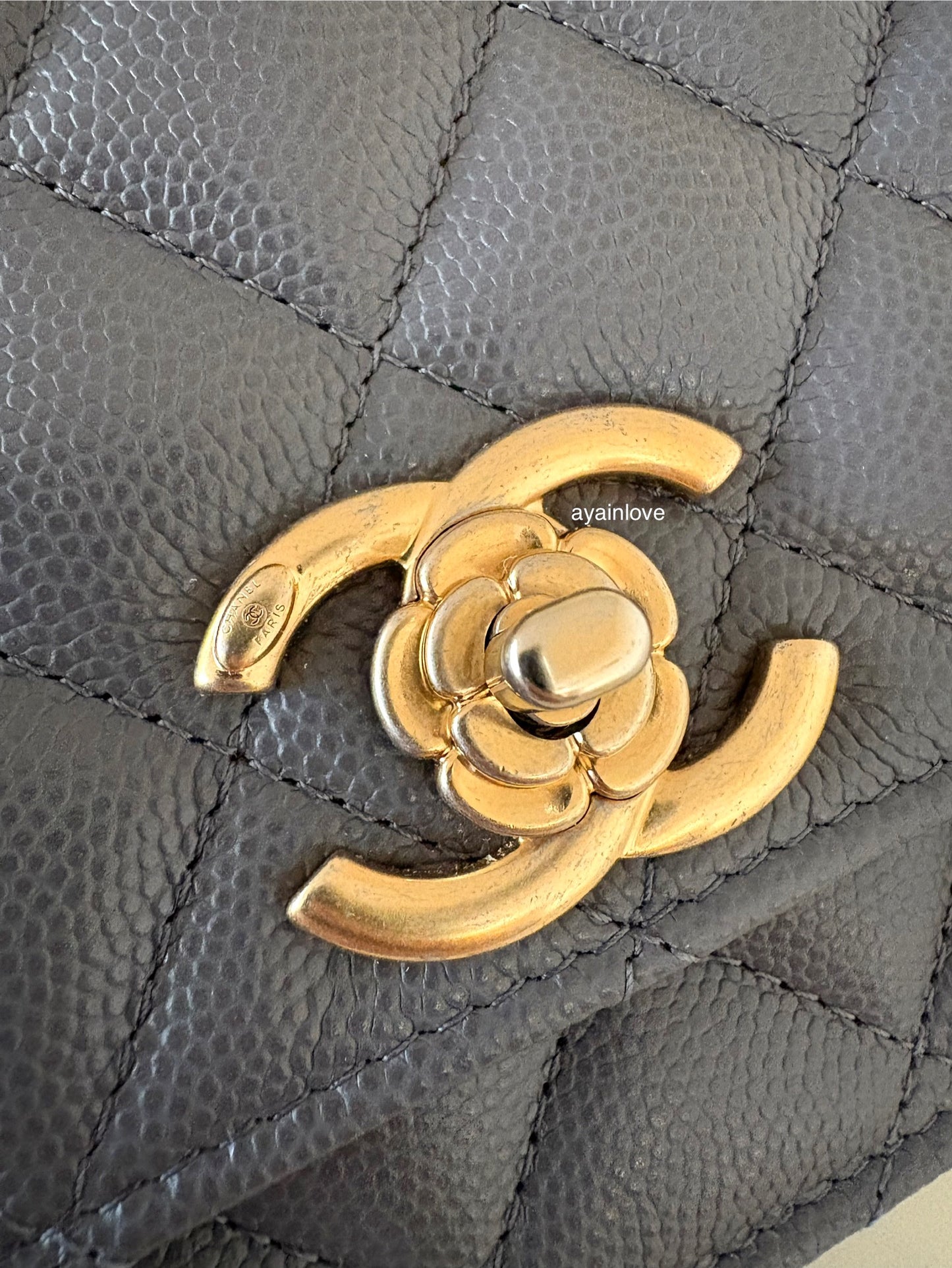 CHANEL 23K Dark Grey Caviar Camellia CC Wallet On Chain *Microchipped* Brushed Gold Hardware