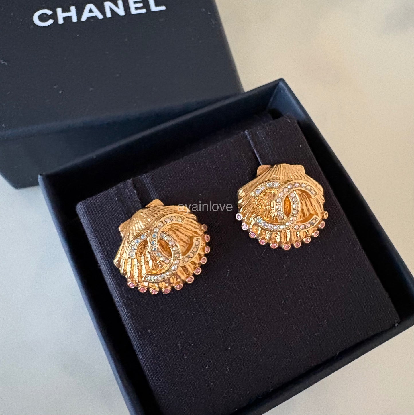 CHANEL 23C Shell CC Multicolour Crystal Stud Earrings Gold Hardware