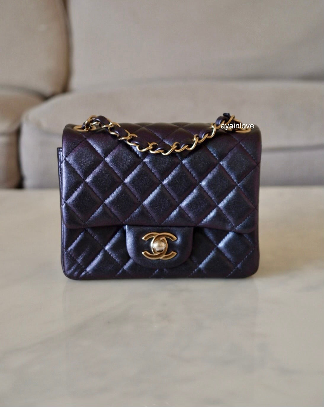 CHANEL 22B Iridescent Black (Purple Mermaid Undertone) Calfskin Square Mini Bag Light Gold Hardware