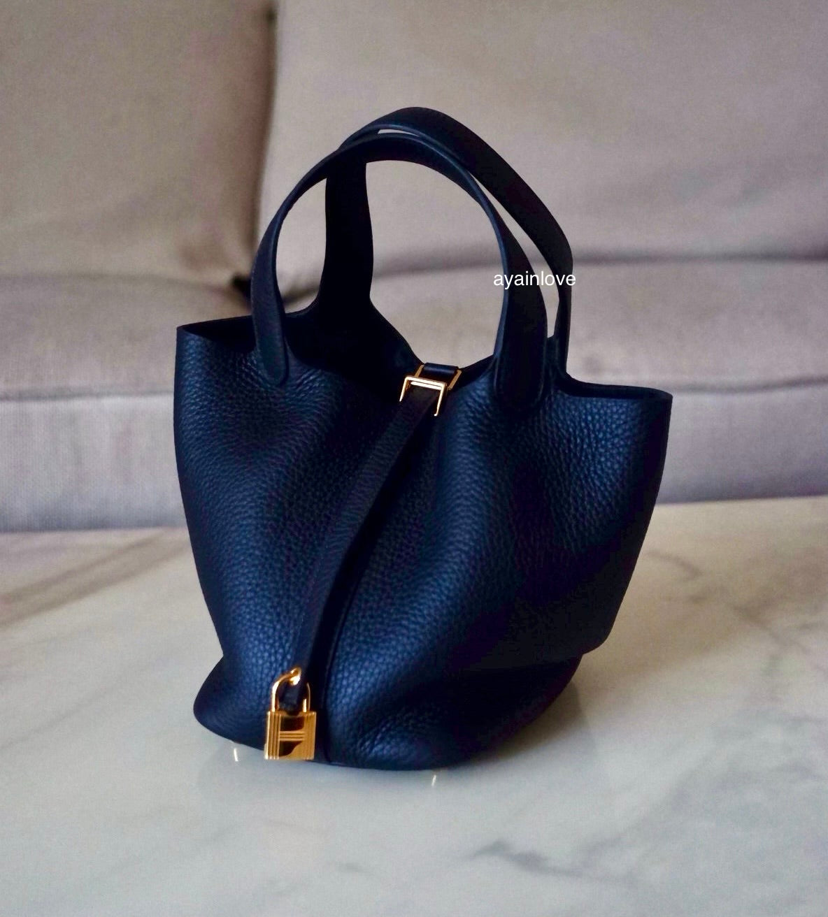 HERMES Picotin Lock 18 Caban Dark Blue Black Taurillion Clemence Gold Hardware K Stamp