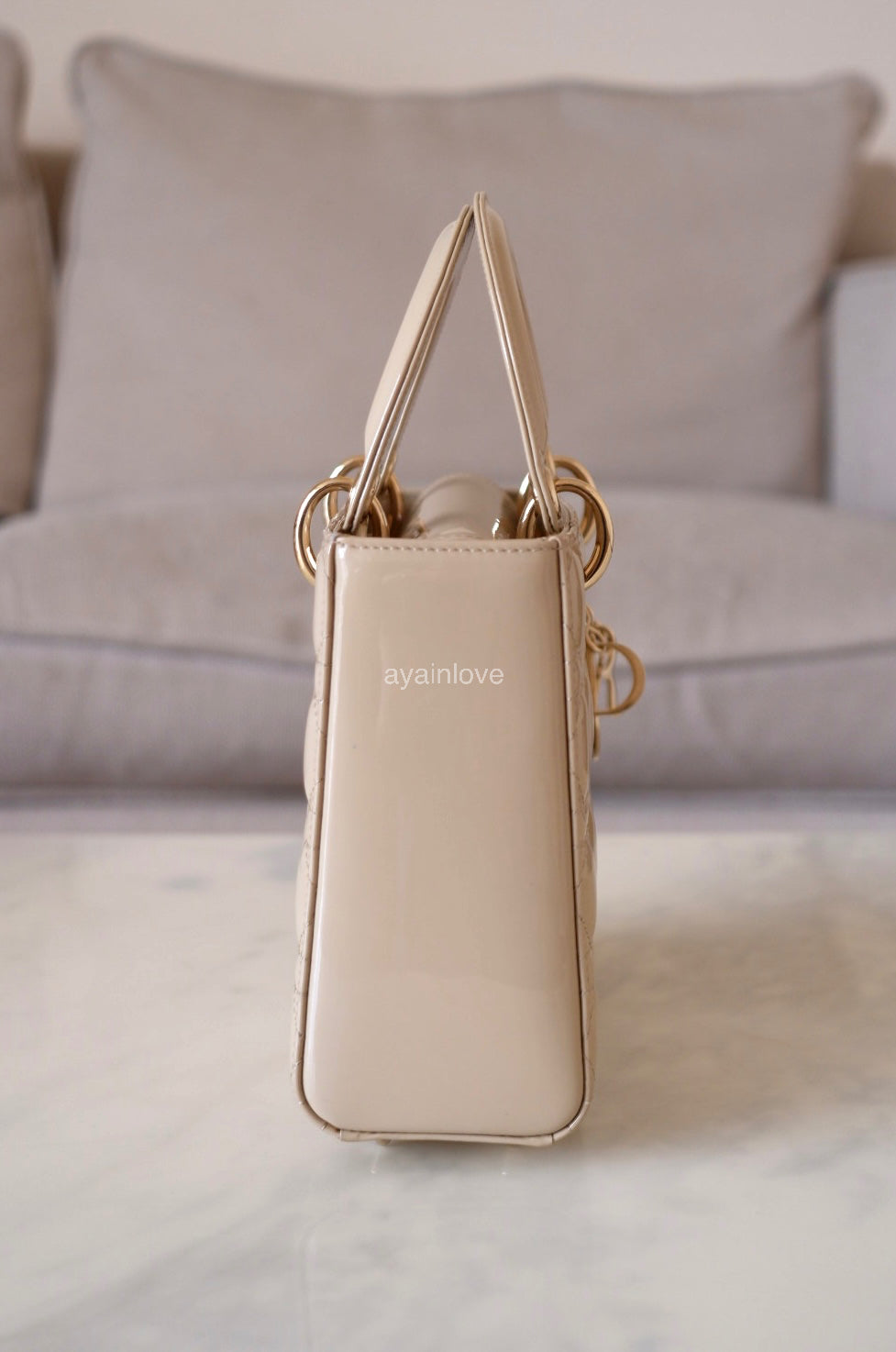 DIOR Small Lady Dior Beige Patent Cannage Calf Skin Bag