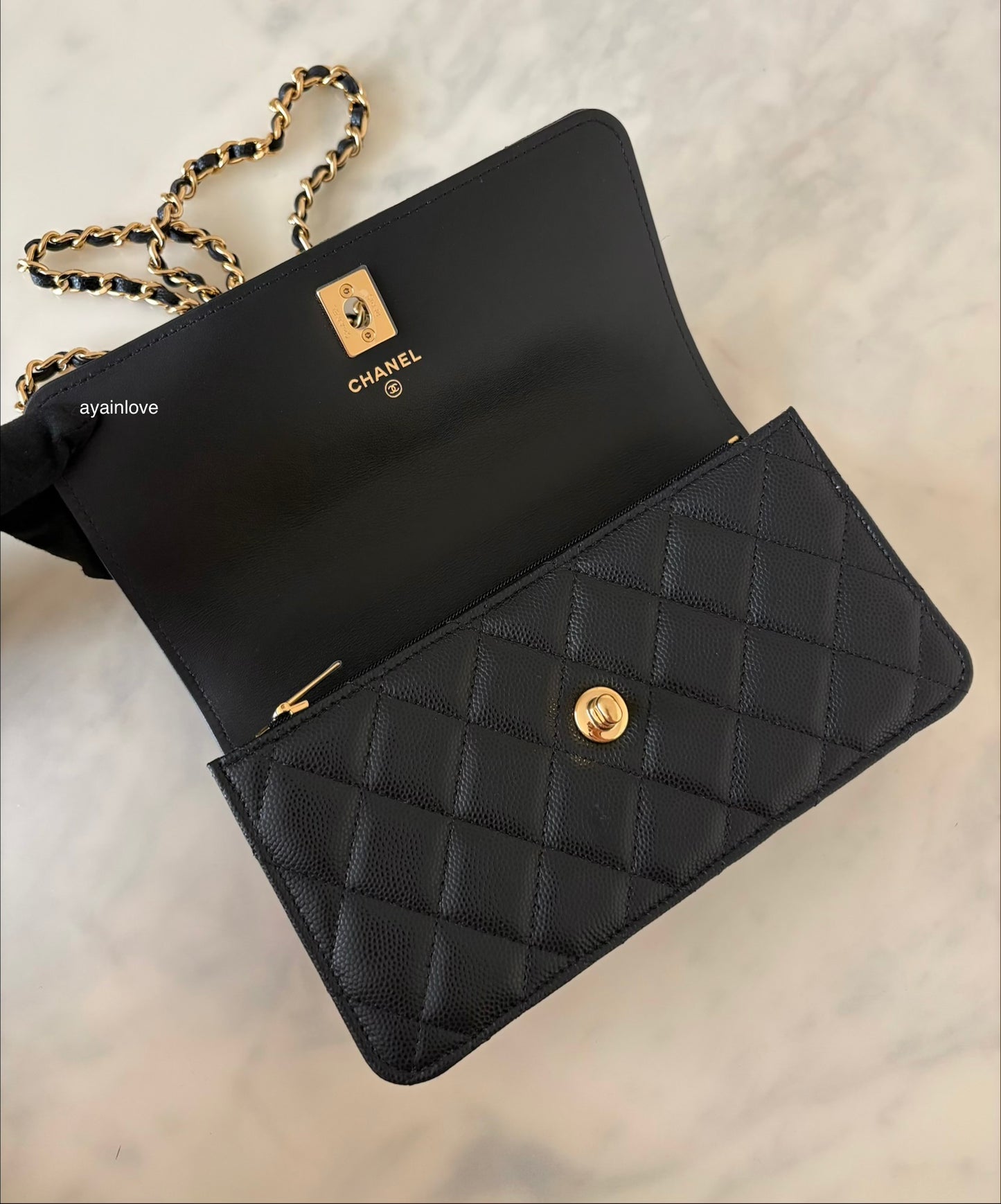 CHANEL 23S Black Caviar Wallet on Chain with Bag Charm Gold Hardware