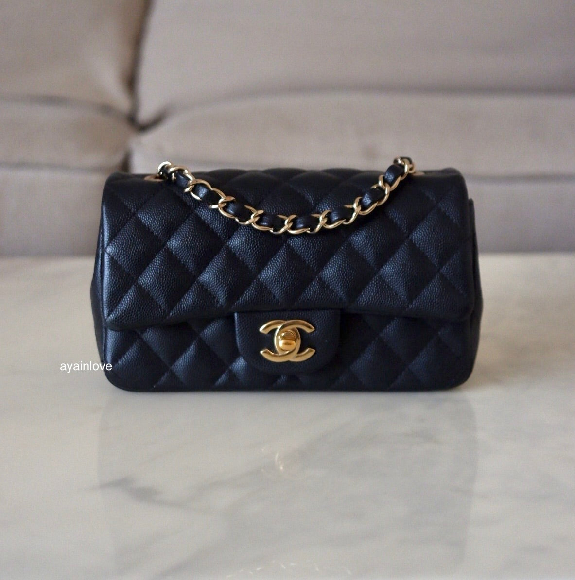 CHANEL 18B Black Caviar Quilted Rectangular Mini Flap Bag Light Gold Hardware
