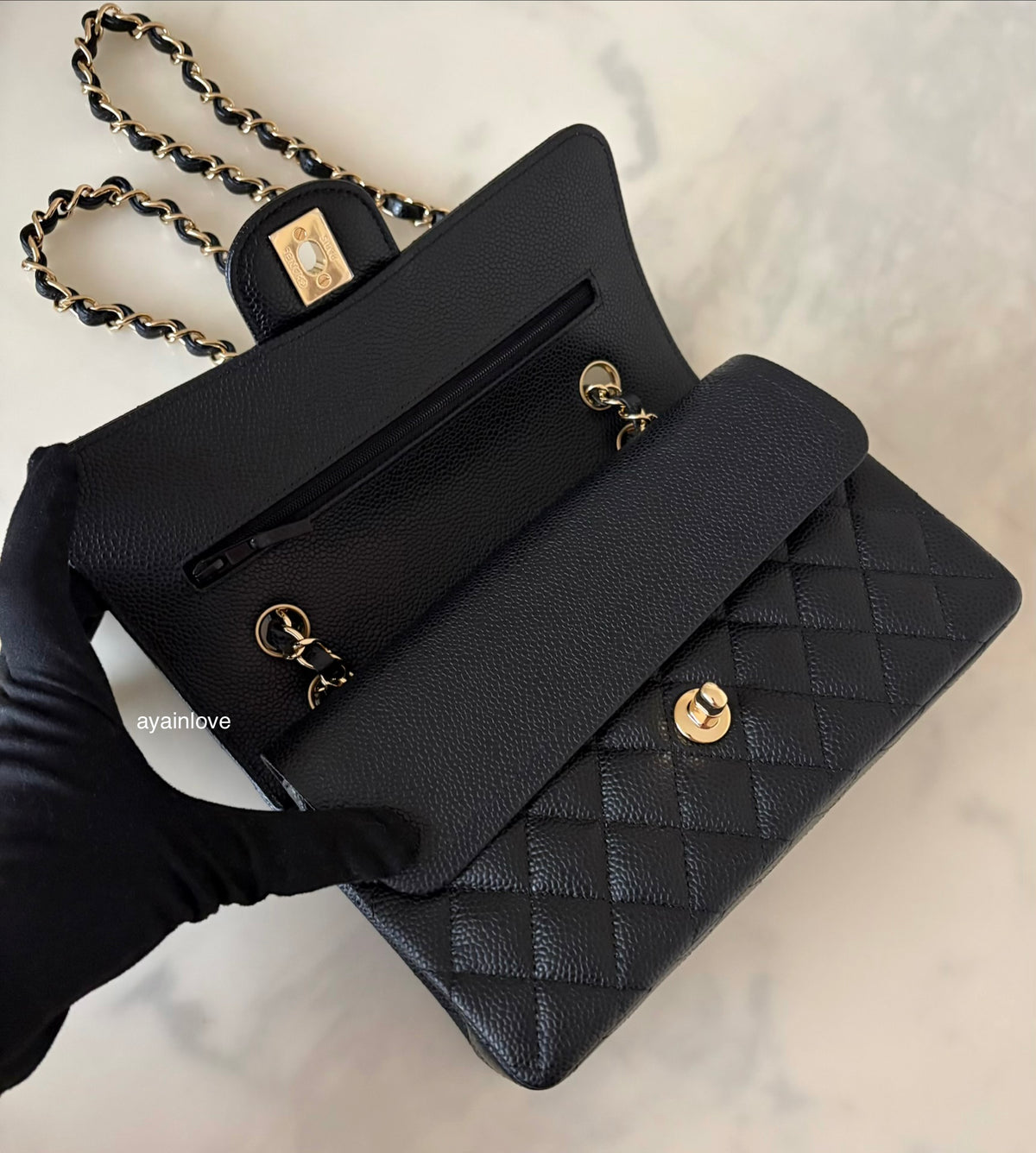 CHANEL Black Caviar Quilted Small Classic Flap Bag Gold Hardware