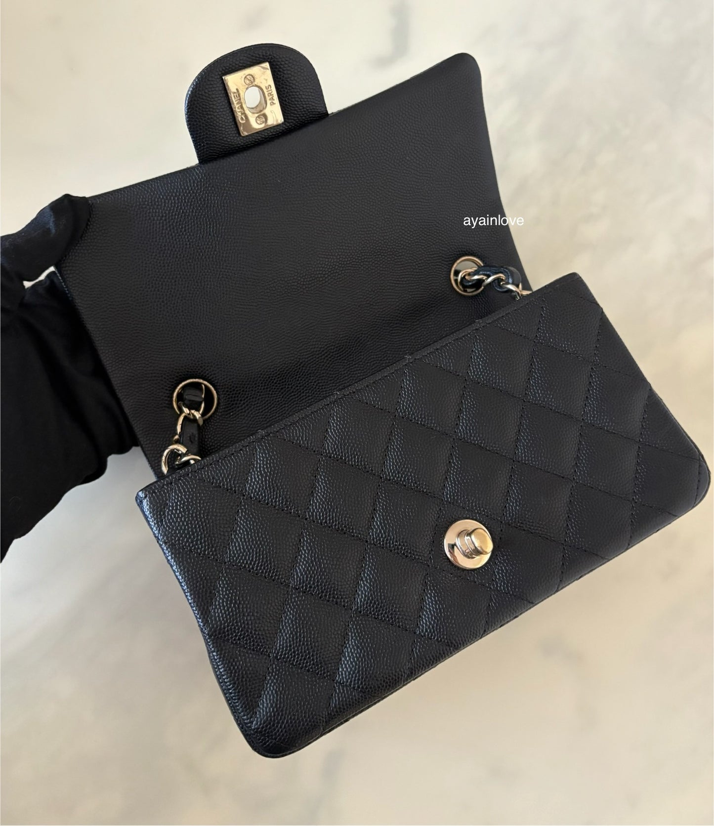 CHANEL 18B Black Caviar Quilted Rectangular Mini Flap Bag Light Gold Hardware