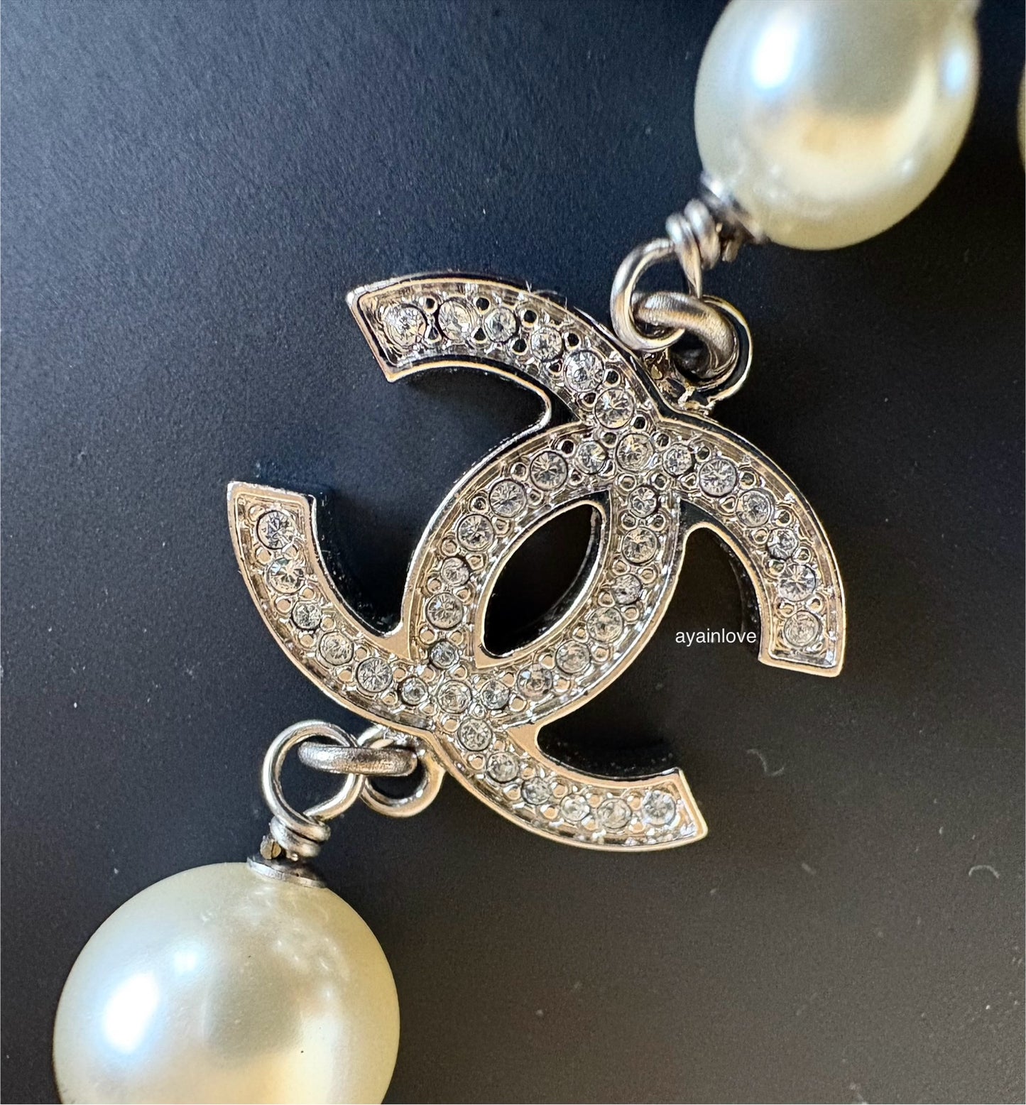 CHANEL 18V Classic Pearl CC Long Necklace Silver Hardware
