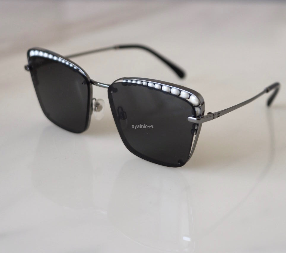 CHANEL Pearl Metal Silvertone Dark Grey Square Sunglasses 4235 H