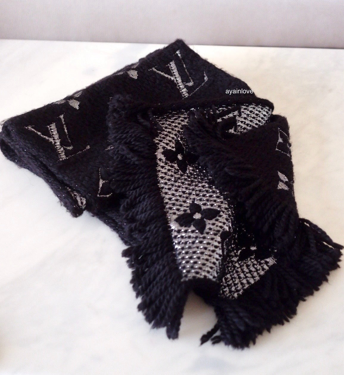 LOUIS VUITTON LV Shine Black Silver Echarpe Logomania M75833 Wool Shawl Scarf