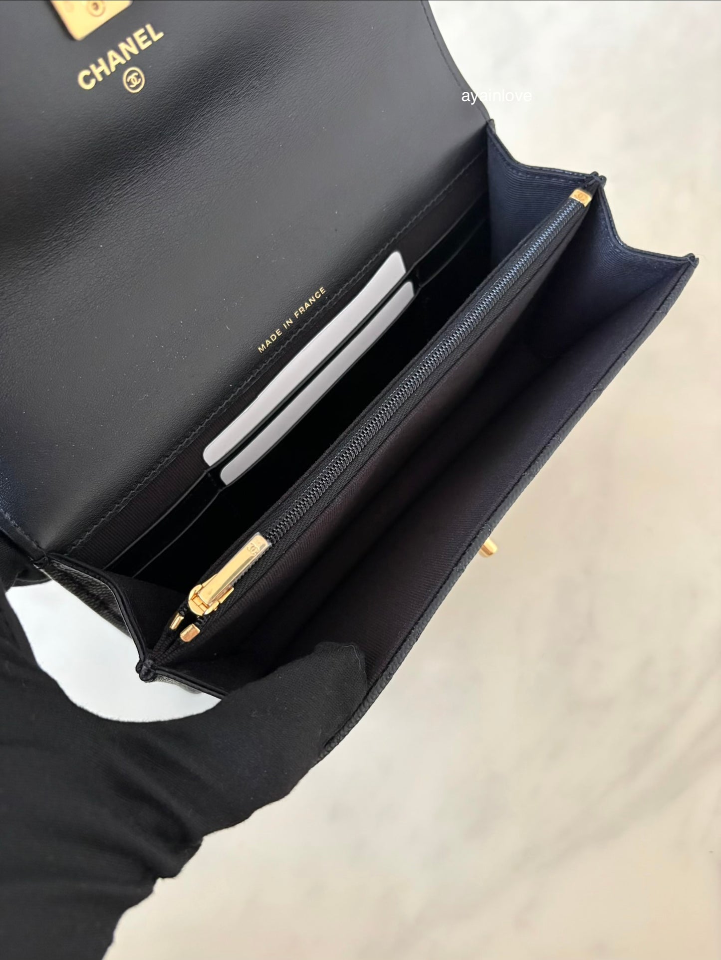 CHANEL 23S Black Caviar Wallet on Chain with Bag Charm Gold Hardware