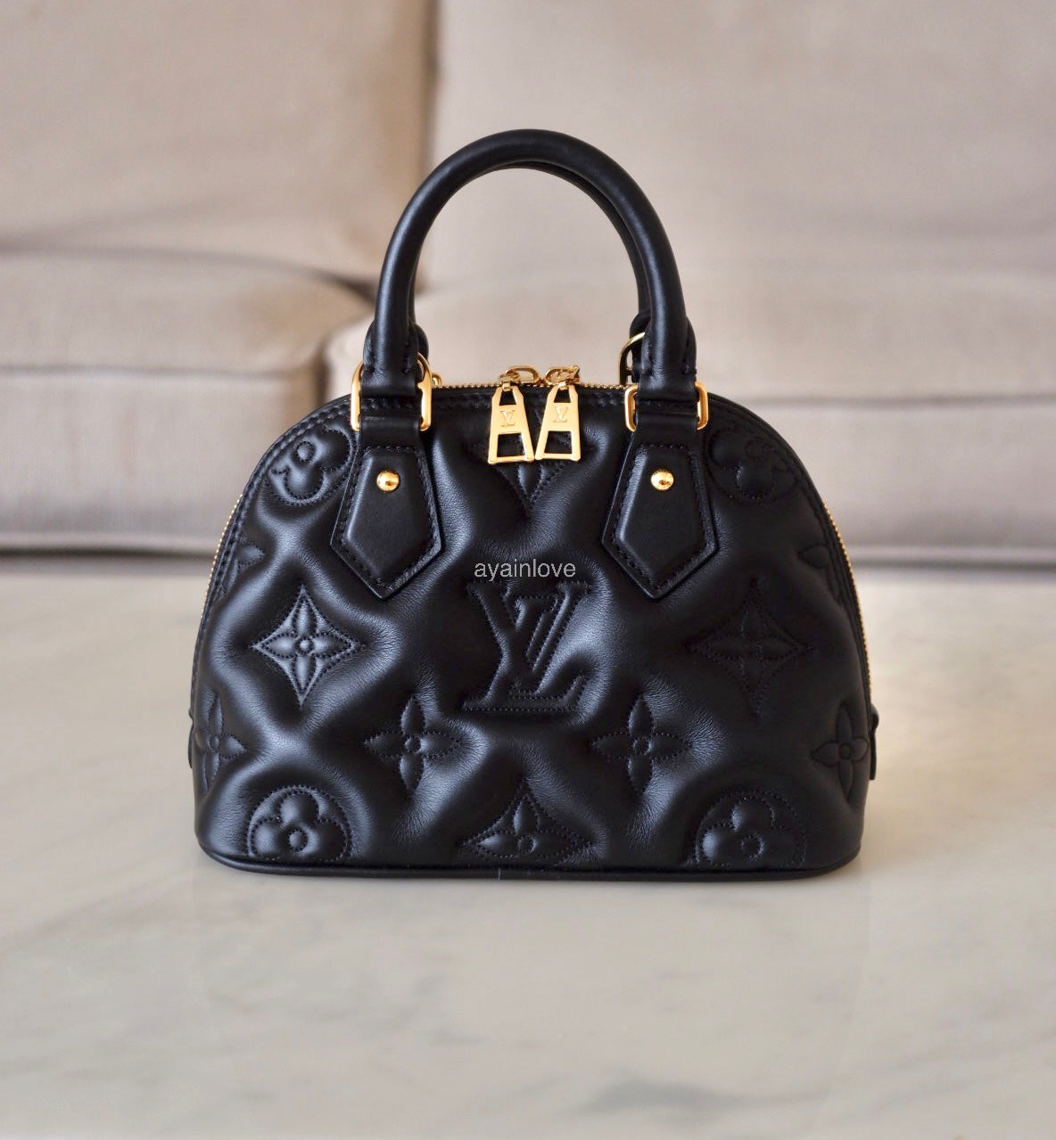 LOUIS VUITTON LV Alma BB Black Calfskin Bubblegram Bag Gold Hardware