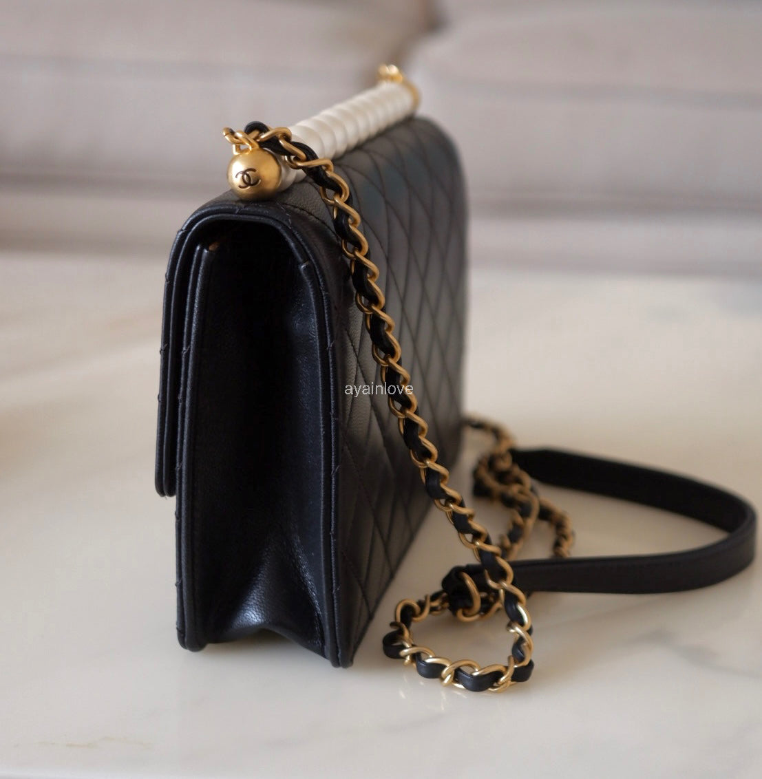 CHANEL 19S Chic Pearl Black Goatskin Flap Bag Gold Hardware