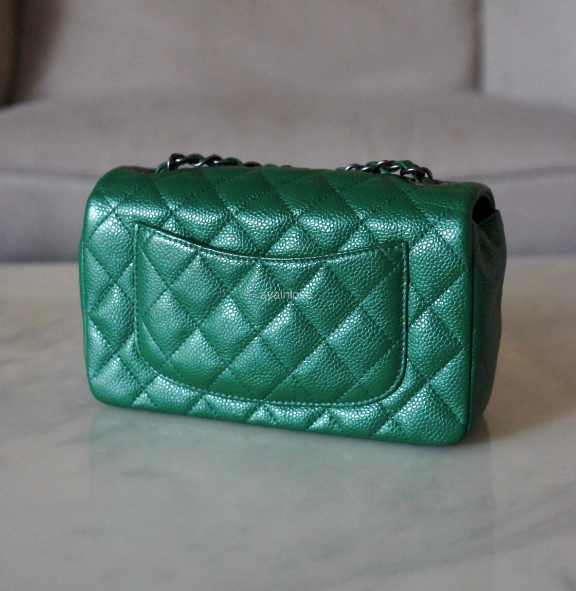 CHANEL Green Caviar Classic Quilted Rectangular Mini Flap Bag Ruthenium Hardware