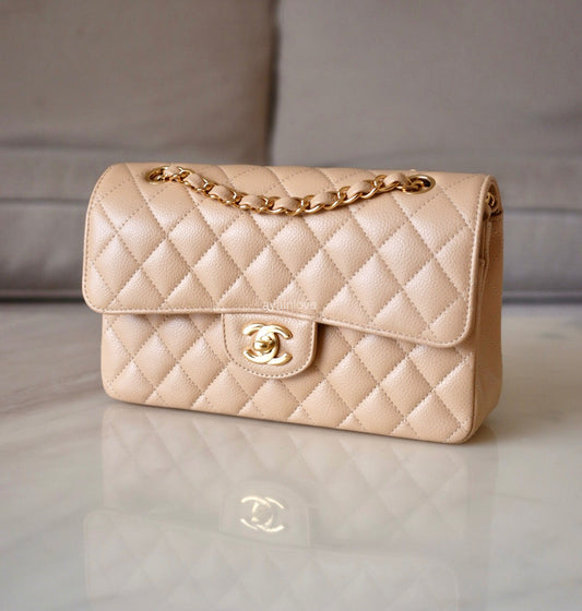 CHANEL Beige Clair Caviar Small Classic Flap Bag Gold Hardware