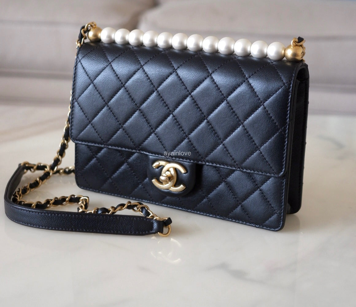 CHANEL 19S Chic Pearl Black Goatskin Flap Bag Gold Hardware