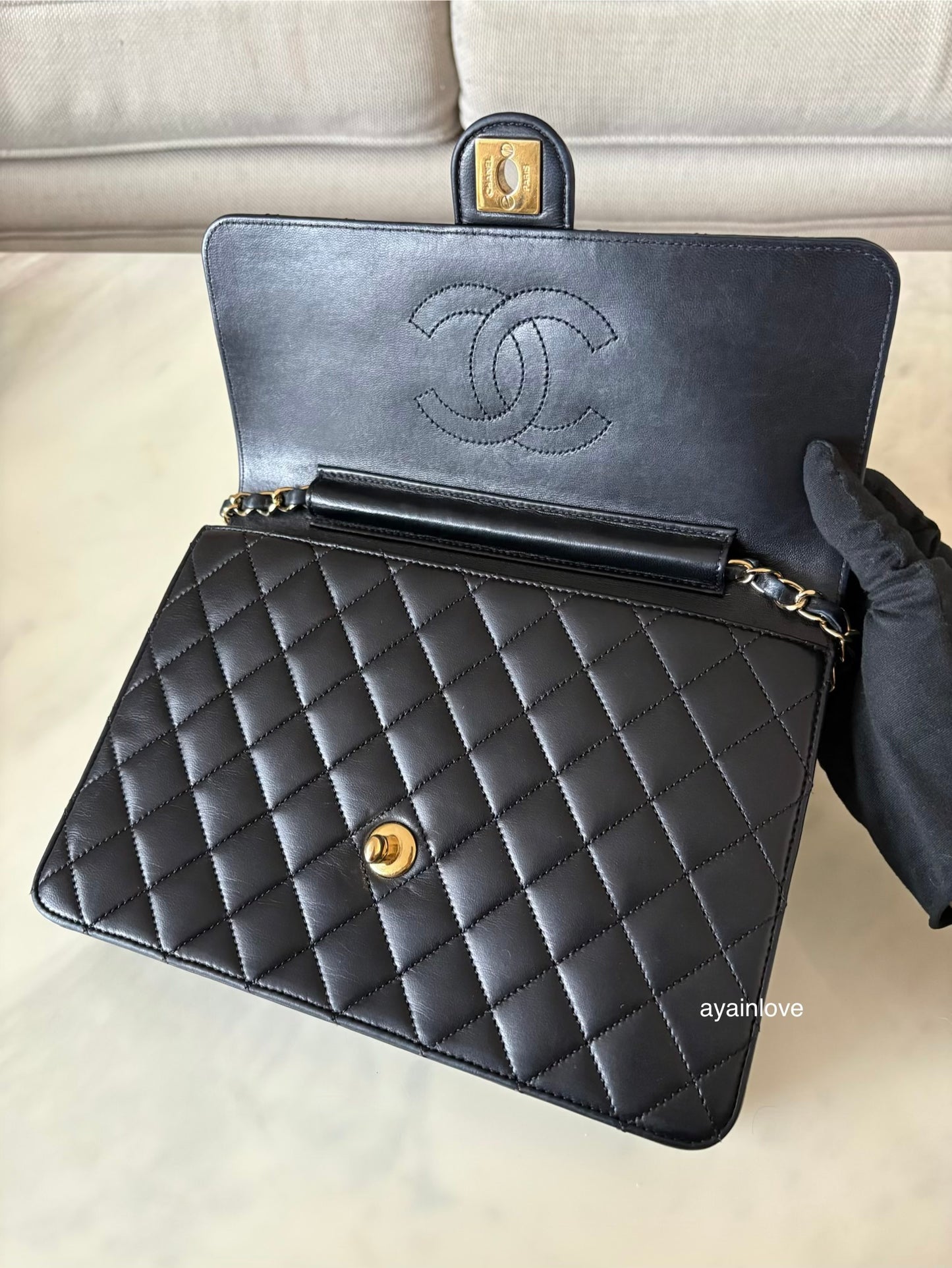 CHANEL Black Lambskin Turnlock Quilted Medium Half Flap Bag Gold Hardware