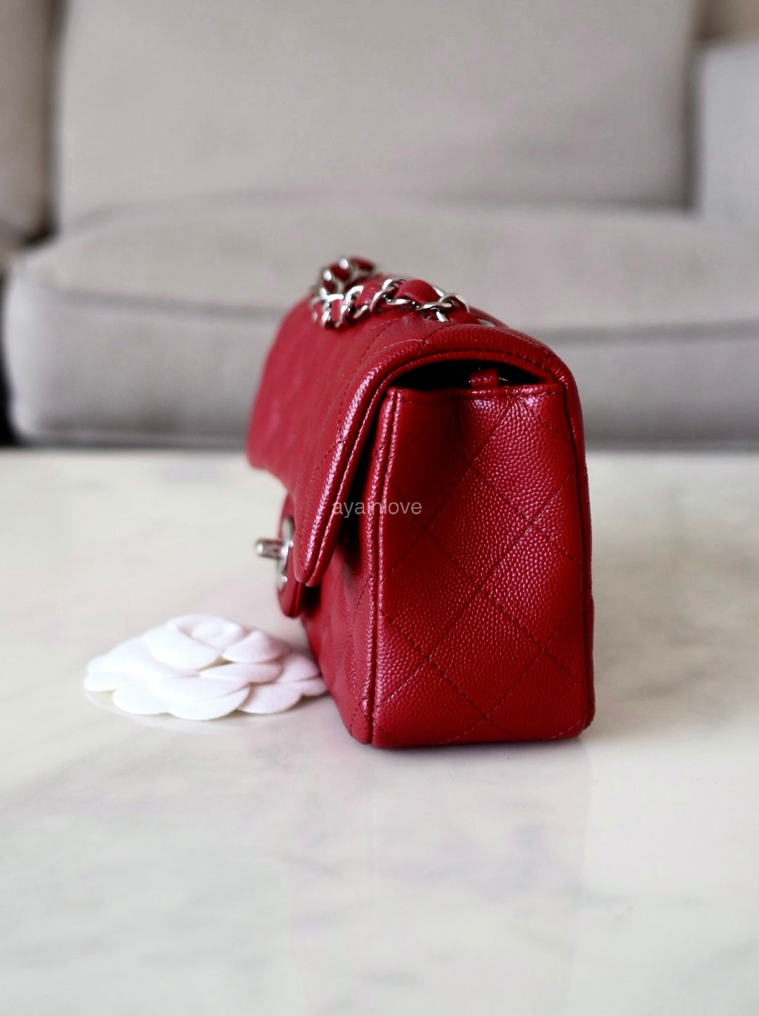CHANEL 17B Red Caviar Quilted Classic Rectangular Mini Silver Hardware